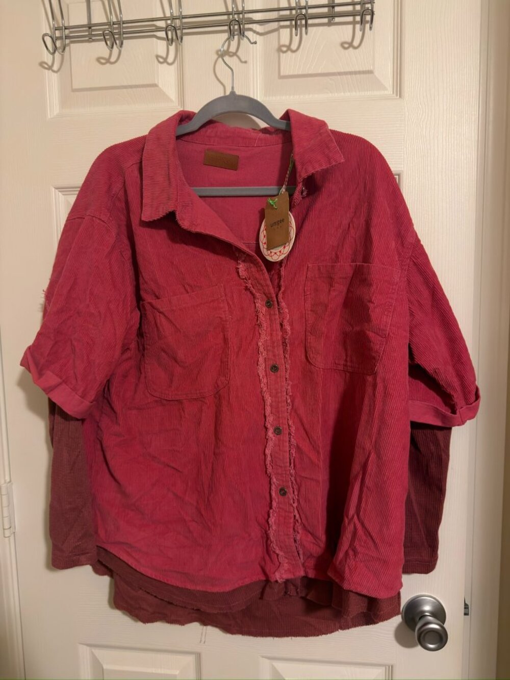 Umgee Layered Corduroy Button Down Top Raspberry Medium NWT